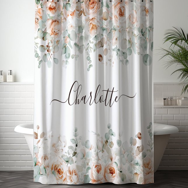 Elegant Monogram Rustic Rose Floral Greenery Shower Curtain (In situ)