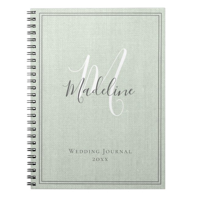 Elegant Monogram Rustic Sage Green Linen Journal (Front)