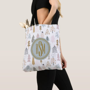 Elegant Monogram, Rustic Winter Trees Shoulder Tote Bag
