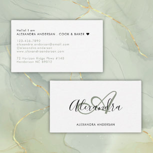 Elegant Monogram Sage Green Black Script Name Business Card