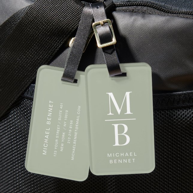 Elegant Monogram Sage Green Luggage Tag (Elegant Monogram Sage Green Luggage Tag)