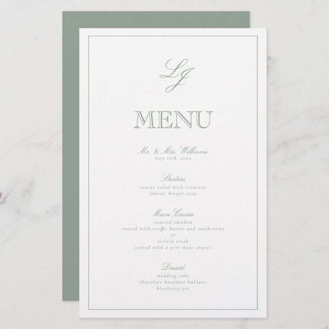 Elegant Monogram Sage Green Script Wedding Menu (Front/Back)