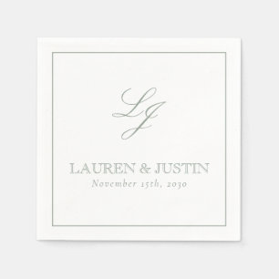 Elegant Monogram Sage Green Simple Script Wedding Napkin