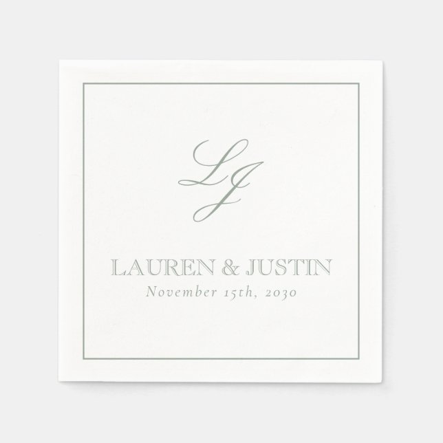 Elegant Monogram Sage Green Simple Script Wedding Napkin (Front)