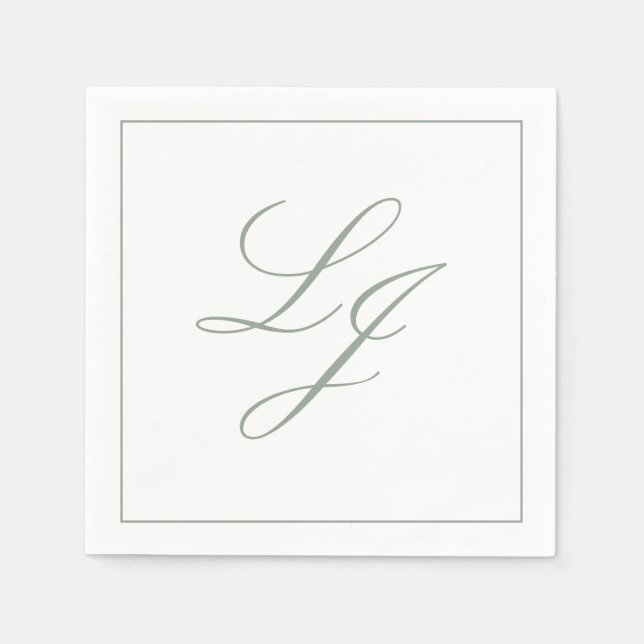 Elegant Monogram Sage Green Simple Script Wedding Napkin (Front)