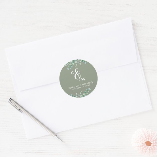 Elegant Monogram Sage Green Wedding Classic Round Sticker (Envelope)