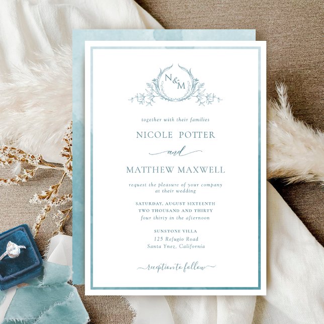 Elegant Monogram Sage Sea Glass Watercolor Wedding Invitation (Creator Uploaded)