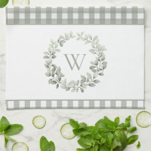 Elegant Monogram Sage White Plaid Tea Towel