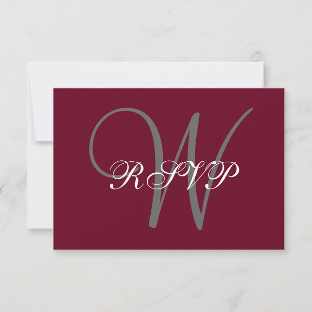 Elegant Monogram Script Burgundy Grey Wedding RSVP (Front)
