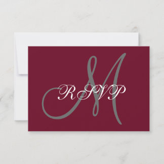 Elegant Monogram Script Burgundy Grey Wedding RSVP Card