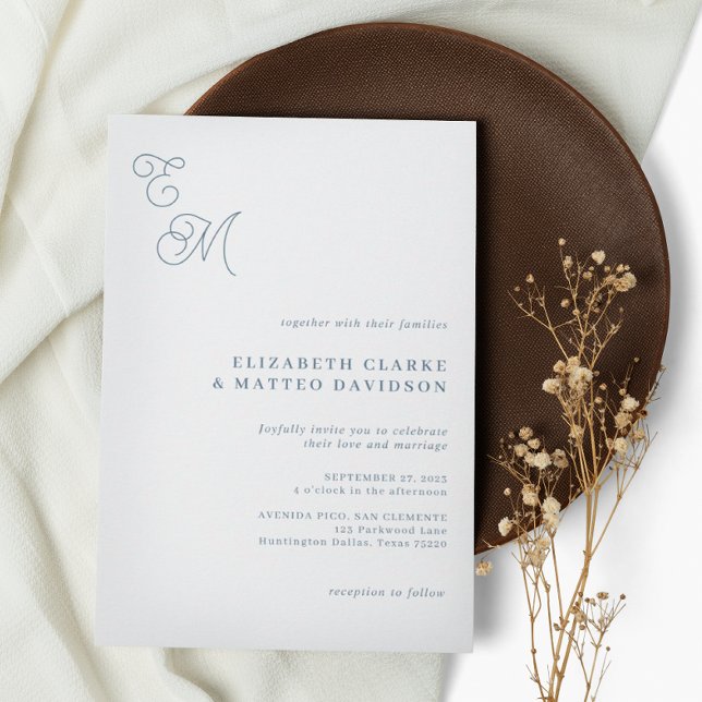 Elegant Monogram Script  Dusty Blue Wedding Invitation (Creator Uploaded)