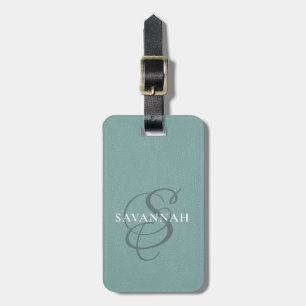 Elegant Monogram Script Dusty Green Cute Leather Luggage Tag
