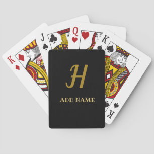 Elegant Monogram Script Modern Black Gold Add Name Playing Cards