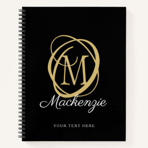Elegant Monogram Script Name Black Gold Notebook