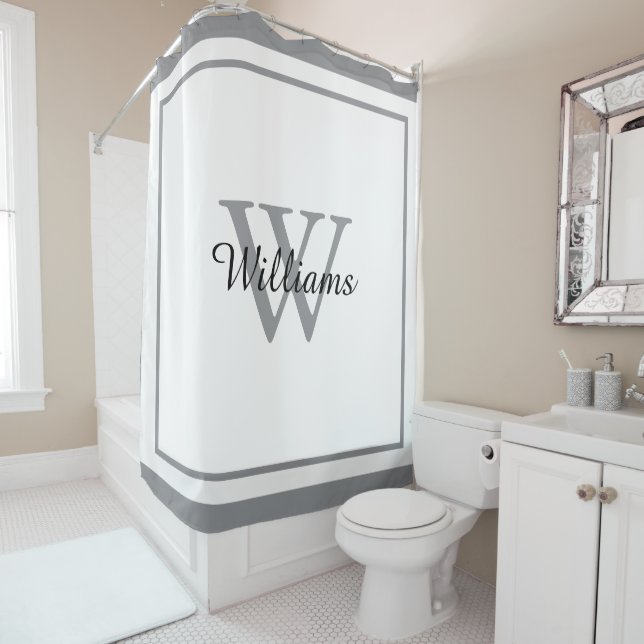 Elegant Monogram Script Name Bordered Shower Curtain (In Situ)