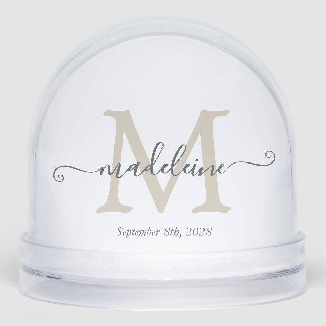 Elegant Monogram Script Name Custom Date  Snowglobe (Front)