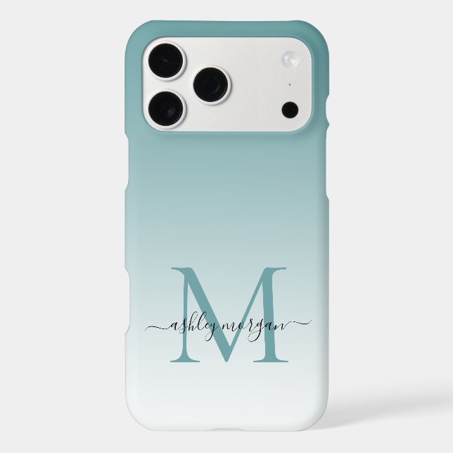Elegant Monogram Script Name Dusty Turquoise Ombre (Back)