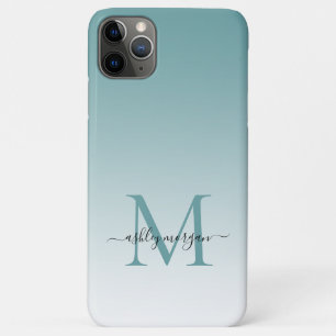 Elegant Monogram Script Name Dusty Turquoise Ombre iPhone 11 Pro Max Case