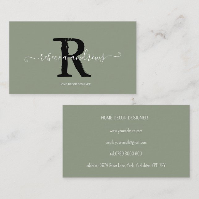 Elegant Monogram Script Name Initial Sage Green  Business Card (Front/Back)