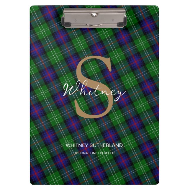 Elegant Monogram Script Name Sutherland Tartan Clipboard (Front)