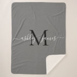 Elegant Monogram Script Names Black Grey Newlywed  Sherpa Blanket<br><div class="desc">Chic, modern and simple monogrammed sherpa blanket with your names and monogram in white elegant handwritten script calligraphy and black modern typography on a grey background. This stylish design is a perfect keepsake luxury gift for the newly wed couple. If you need any help or matching products please contact us...</div>