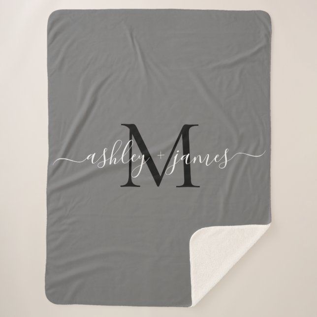 Elegant Monogram Script Names Black Grey Newlywed  Sherpa Blanket (Front)