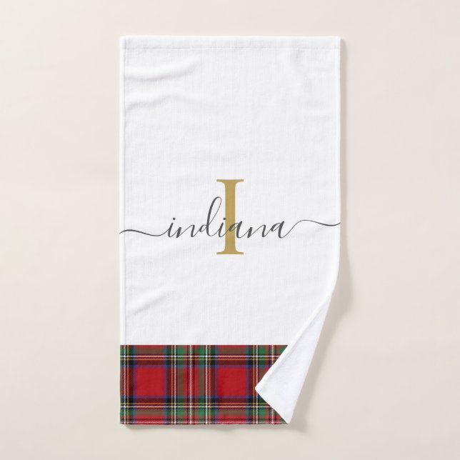 Elegant Monogram Script Plaid Tartan Stewart Hand Towel (Hand Towel)