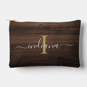 Elegant Monogram Script Rustic Wood Look Accessory Pouch