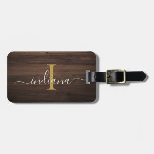 Elegant Monogram Script Rustic Wood Look Luggage Tag