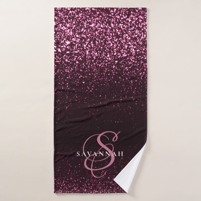 Elegant Monogram Script Stylish Pink Glitter Bath Towel (Bath Towel)