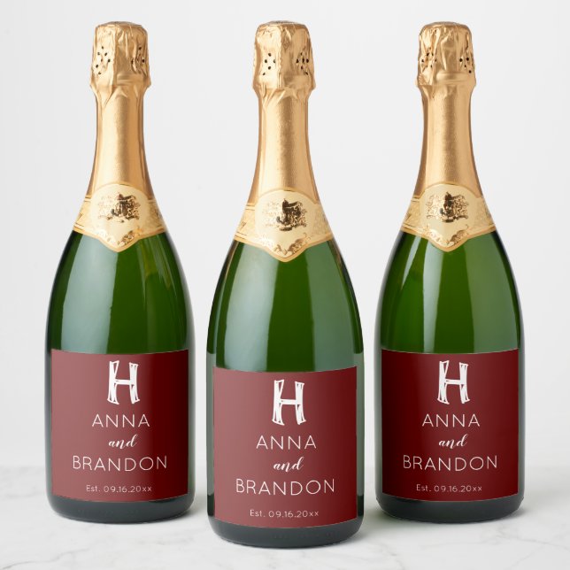 Elegant Monogram Script Wedding Burgundy Red Sparkling Wine Label (Bottles)