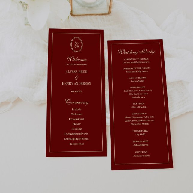 Elegant Monogram Script Wine Red Wedding Ceremony Programme (Creator Uploaded)