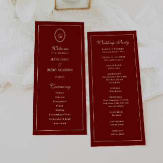 Elegant Monogram Script Wine Red Wedding Ceremony Programme