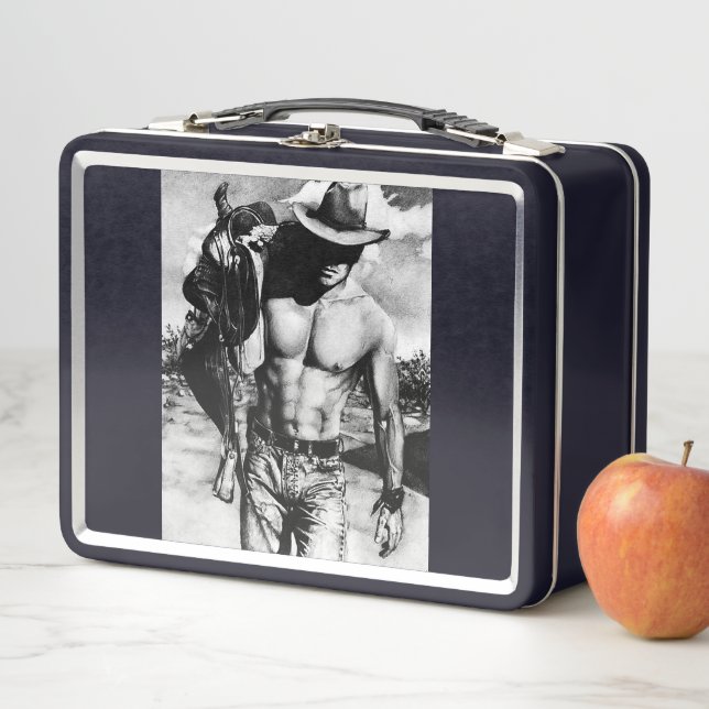 Elegant Monogram Shirtless Rugged Cowboy Black Metal Lunch Box (In Situ)