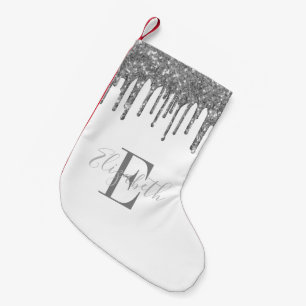 Elegant Monogram Silver Glitter Drips White Small Christmas Stocking