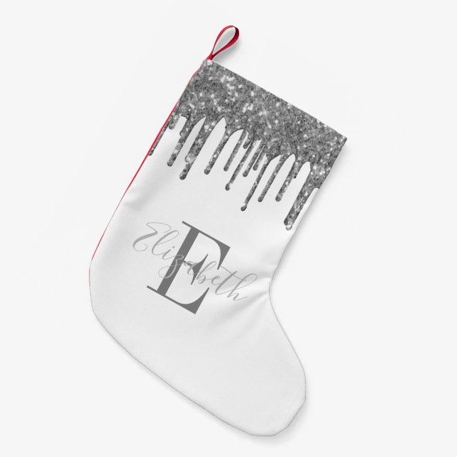 Elegant Monogram Silver Glitter Drips White Small Christmas Stocking (Front (Hanging))