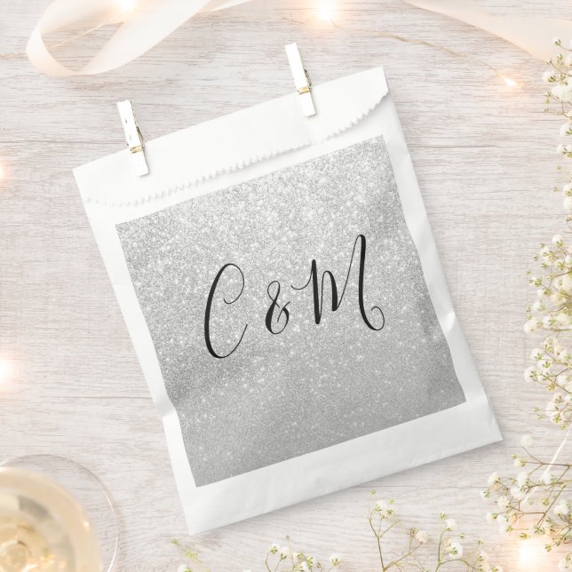 Elegant Monogram Silver Glitter Wedding Favour Bags (Clipped)