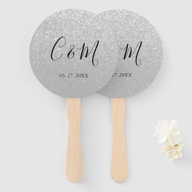 Elegant Monogram Silver Glitter Wedding Hand Fan (Front and Back)