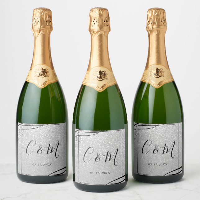 Elegant Monogram Silver Glitter Wedding Wine Label (Bottles)