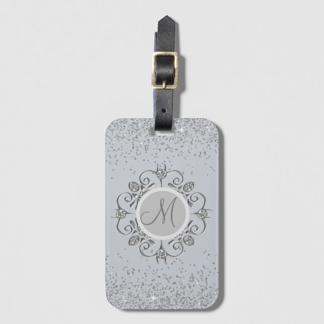 Elegant Monogram Silver Glittery Gem  Luggage Tag (Front Vertical)