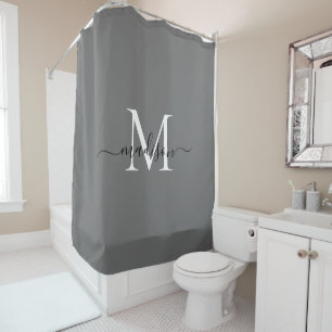 Elegant Monogram Silver Grey Black Script Name Shower Curtain