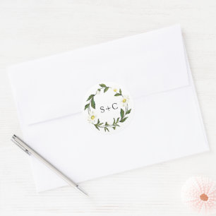 Elegant Monogram Simple White Daisy Floral Wedding Classic Round Sticker