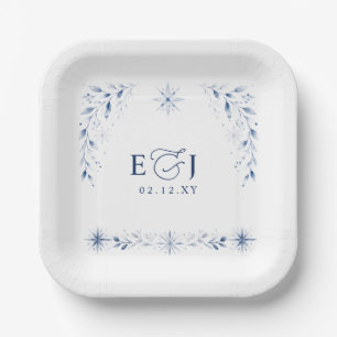 Elegant Monogram Snowflakes Blue Winter Wedding Paper Plate