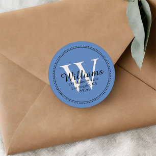 Elegant Monogram Solid Blue Return Address Classic Round Sticker