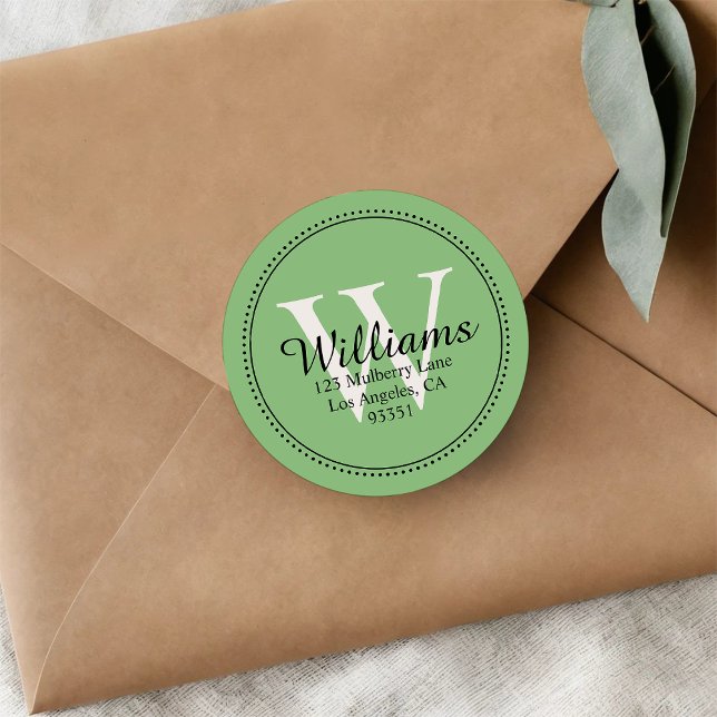 Elegant Monogram Solid Green Return Address Classic Round Sticker (Creator Uploaded)