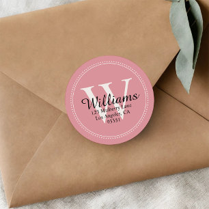 Elegant Monogram Solid Pink Return Address Classic Round Sticker