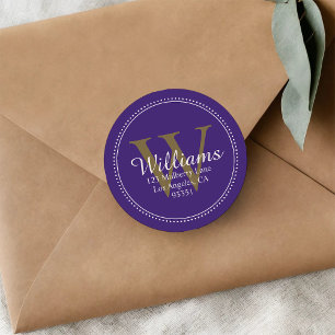 Elegant Monogram Solid Purple Return Address Classic Round Sticker
