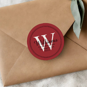 Elegant Monogram Solid Red Return Address Classic Round Sticker