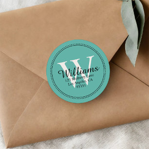 Elegant Monogram Solid Teal Return Address Classic Round Sticker
