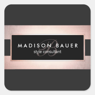 Elegant Monogram Striped Black and Rose Gold Square Sticker